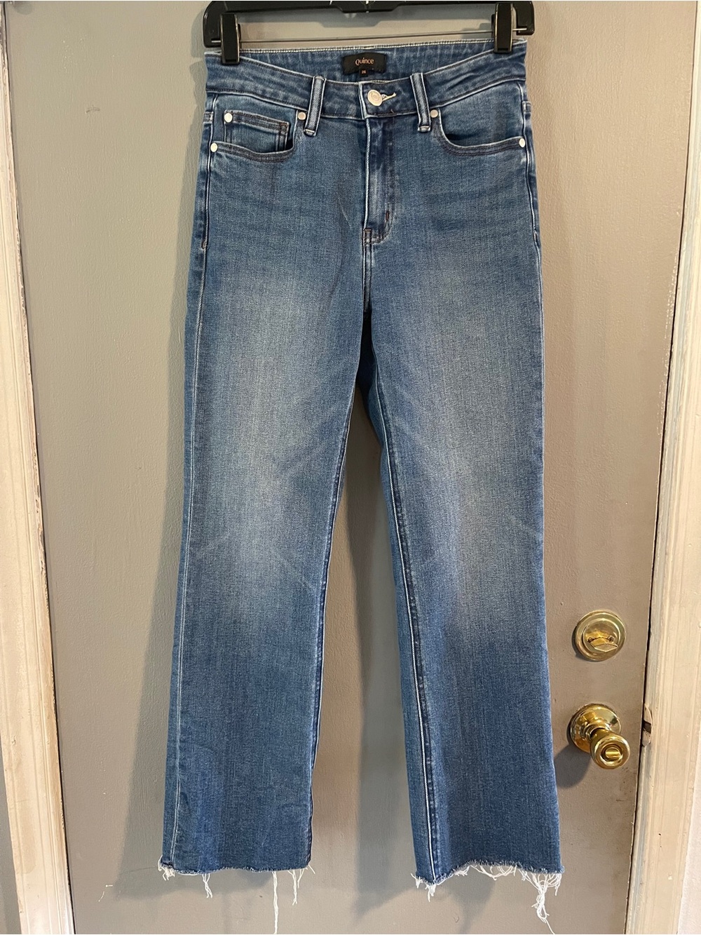 Quince Bella Stretch Straight Jeans Twilight Blue Fray Size 26 - Picture 9 of 15